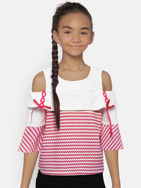 

Natilene Girls White & Red Self Striped Cold Shoulder Top