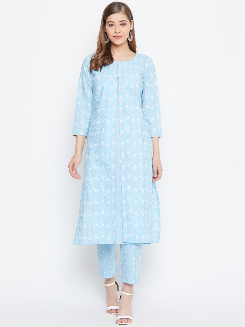 

Be Indi Women Blue & Off-White Printed Layered Kurta with Trousers