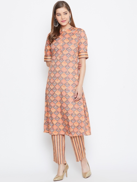 

Be Indi Women Orange & Grey Printed Kurta with Trousers