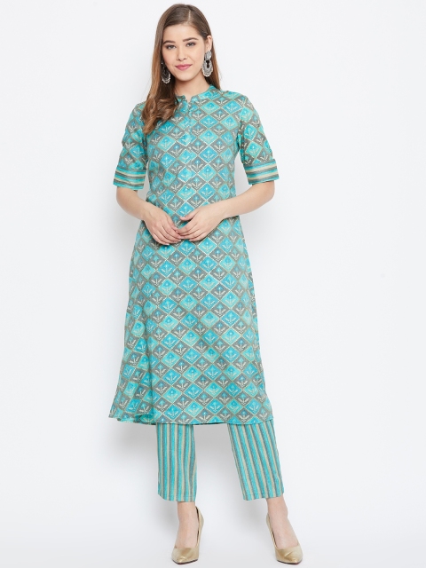 

Be Indi Women Blue & Grey Printed Kurta with Trousers