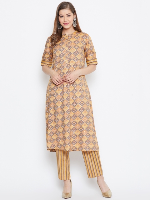 

Be Indi Women Mustard Yellow & Grey Printed Kurta with Trousers