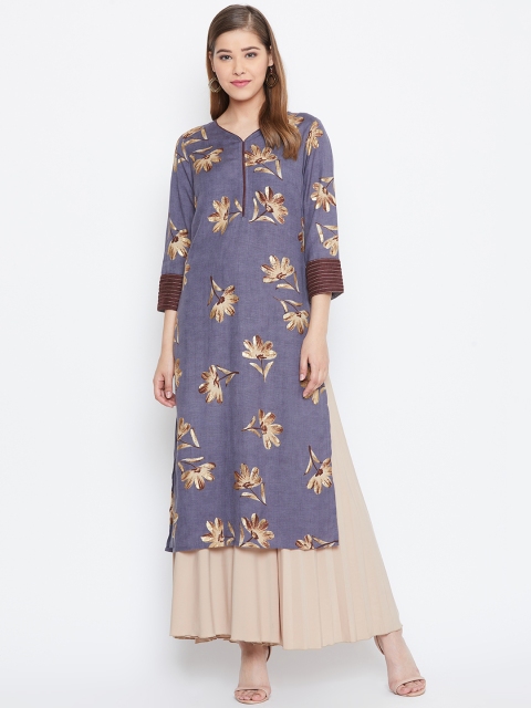 

Be Indi Women Charcoal Grey & Beige Printed Straight Kurta