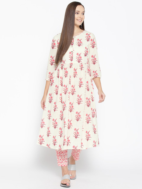 

Be Indi Women Off-White & Pink Printed Kurta with Trousers