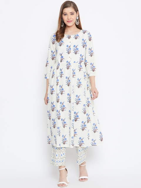 

Be Indi Women White & Blue Printed Kurta with Trousers