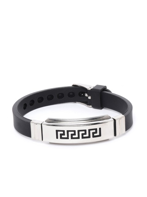 

Jewels Galaxy Men Black & Silver-Toned Copper-Plated Textured & Enamelled Bracelet