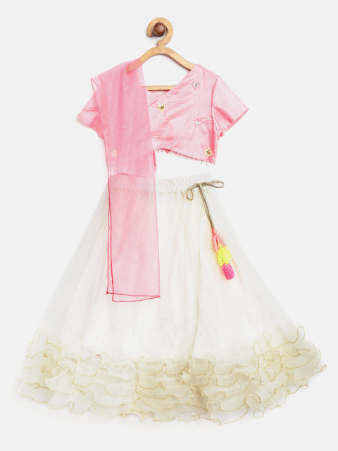 

Nauti Nati Girls Off-White & Pink Embellished Ready to Wear Lehenga & Blouse with Dupatta
