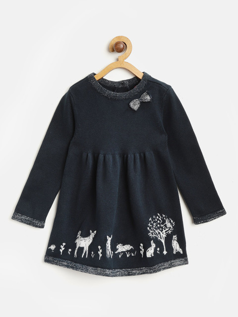 

Nauti Nati Girls Navy Blue Solid Sweater Dress with Embroidered Detail