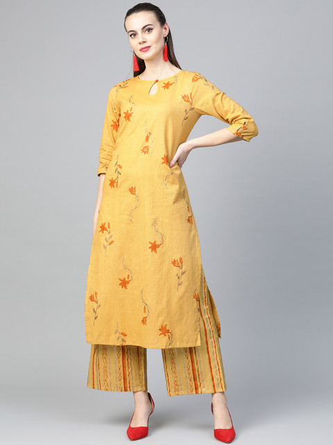 

Yuris Women Mustard Yellow & Orange Printed Kurta with Palazzos
