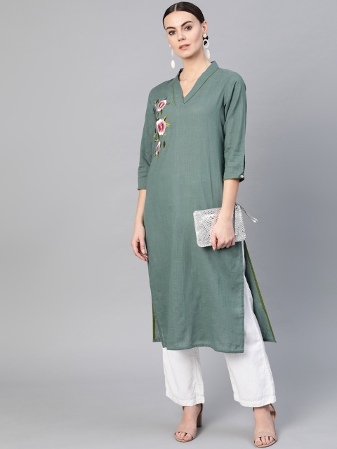

Yuris Women Green Floral Yoke Design Straight Kurta
