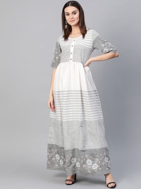 

Yuris Women White & Grey Striped Maxi Dress