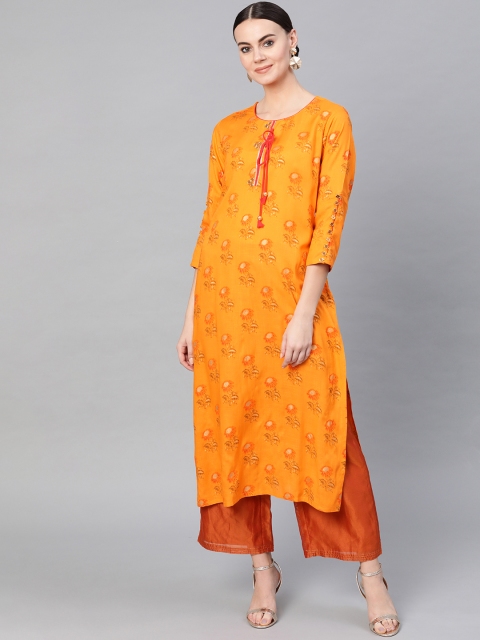 

Yuris Women Orange & Golden Printed Straight Kurta