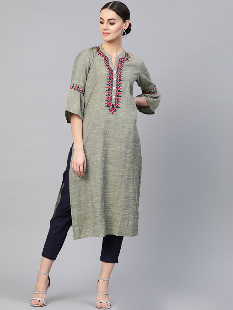 

Yuris Women Green & Cream-Coloured Woven Design Straight Kurta