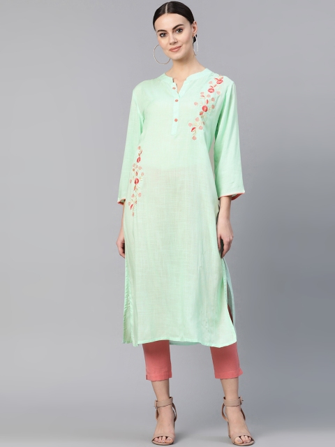 

Yuris Women Green & Pink Floral Embroidered Detail Straight Kurta