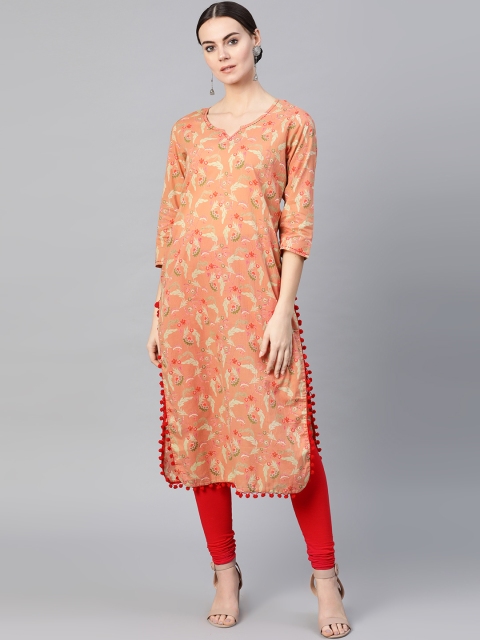 

Yuris Women Peach-Coloured & Green Printed Straight Kurta