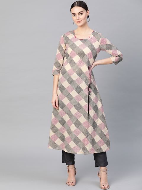 

Yuris Women Beige & Grey Checked A-Line Kurta