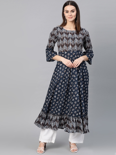 

Yuris Women Navy Blue & Off-White Printed A-Line Kurta