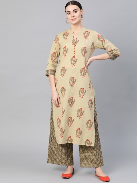 

Yuris Women Beige & Olive Green Printed Kurta with Palazzos