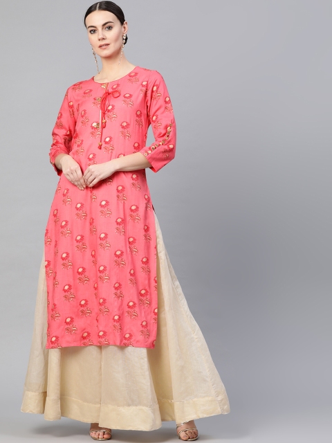 

Yuris Women Pink & Golden Printed Straight Kurta