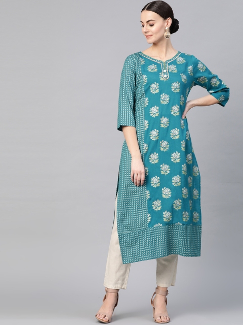 

Yuris Women Teal Blue & Off-White Printed Straight Kurta