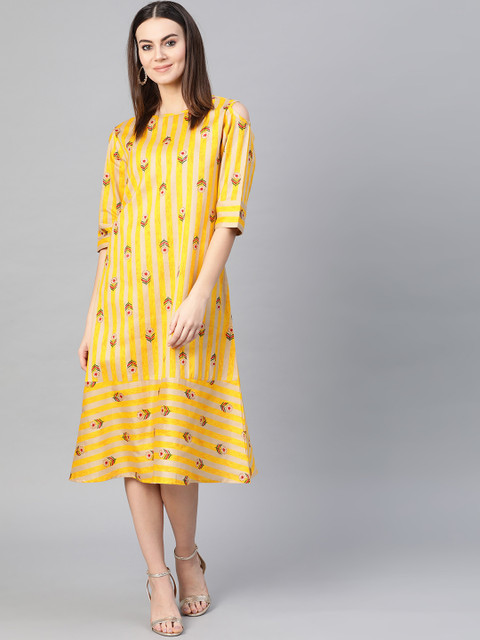 

Yuris Women Yellow & Grey Striped Cold-Shoulder A-Line Dress