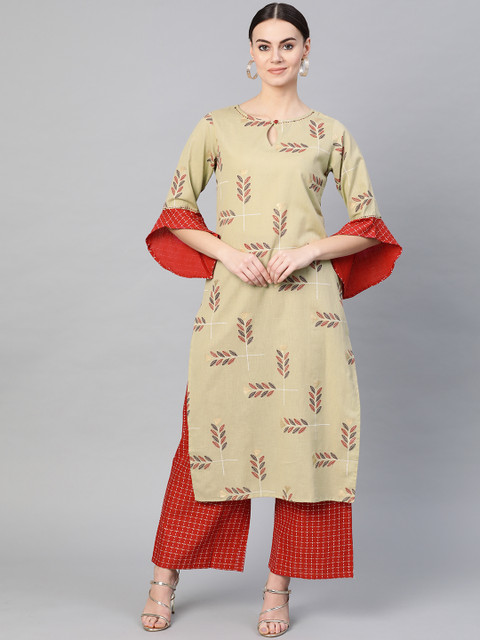 

Yuris Women Beige & Rust Red Printed Kurta with Palazzos