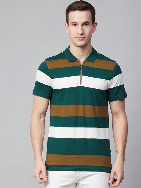 

Roadster Men Green & Mustard Brown Striped Polo Collar T-shirt