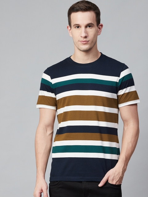 

Roadster Men Navy & Brown Striped Round Neck T-shirt, Navy blue