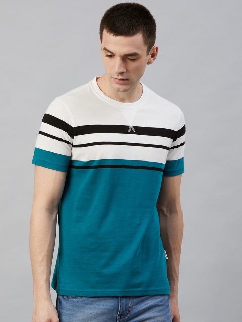 

Roadster Men White & Teal Blue Colourblocked Round Neck T-shirt