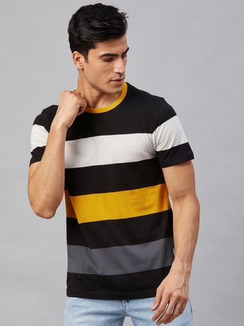

Roadster Men Black and Mustard Yellow Striped Round Neck T-shirt