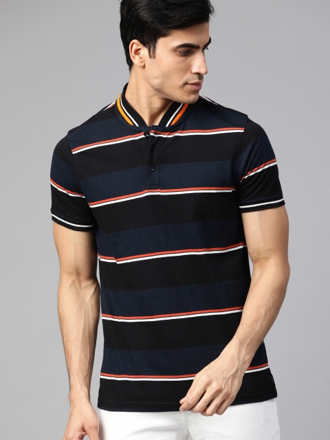 

Roadster Men Navy Blue & Orange Striped Stand Collar T-shirt