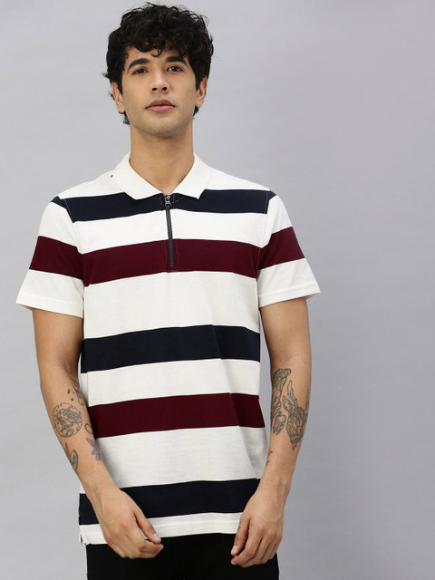 

Roadster Men White & Bugundy Striped Polo Collar Pure Cotton T-shirt