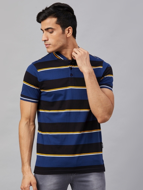 

Roadster Men Blue and Black Striped Mandarin Collar T-shirt