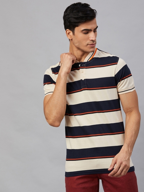 

Roadster Men White and Navy Striped Stand Collar Pure Cotton T-shirt