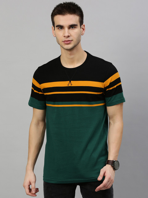 

Roadster Men Olive Green & Black Striped Round Neck T-shirt