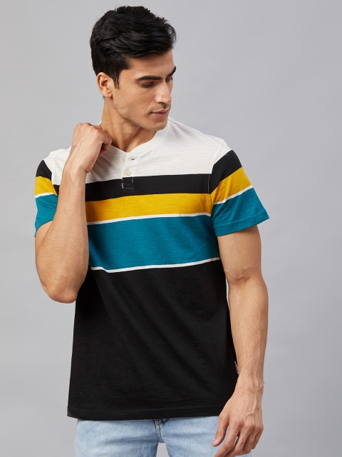 

Roadster Men Black and Blue Striped Mandarin Collar T-shirt
