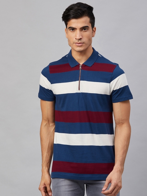 

Roadster Men Blue and White Striped Polo Collar T-shirt