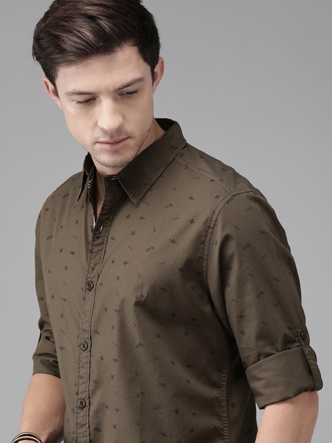 

Roadster Men Olive Green & Black Regular Fit Printed Casual Shirt