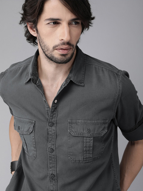 

Roadster Men Charcoal Grey Regular Fit Self Design Casual Shirt