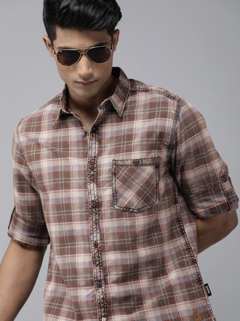 

The Roadster Lifestyle Co Men Brown & Blue Tartan Checked Oxford Opaque Casual Shirt