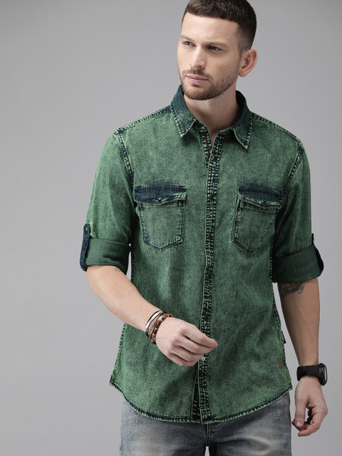 

Roadster Men Green Regular Fit Faded Denim Casual Shirt