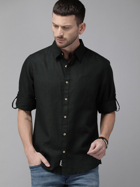 

Roadster Men Black Regular Fit Linen Solid Casual Shirt