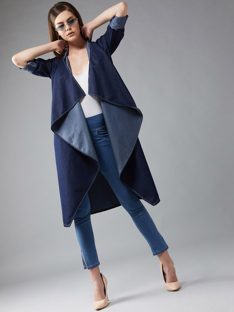 

DOLCE CRUDO Women Navy Blue Solid Waterfall Denim Shrug