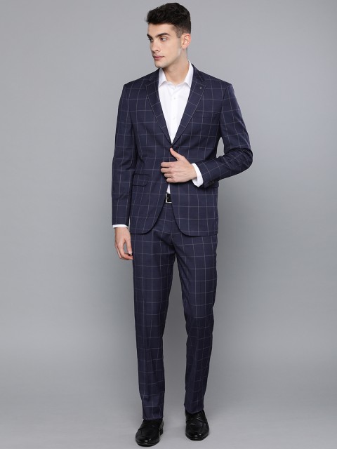 

Louis Philippe Men Navy Blue Checked Slim Fit Single-Breasted Party Suit