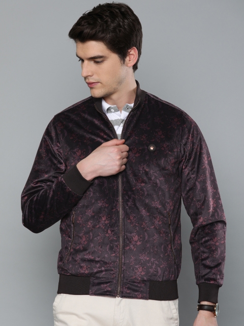 

Louis Philippe Men Charcoal Grey & Burgundy Printed Bomber Jacket