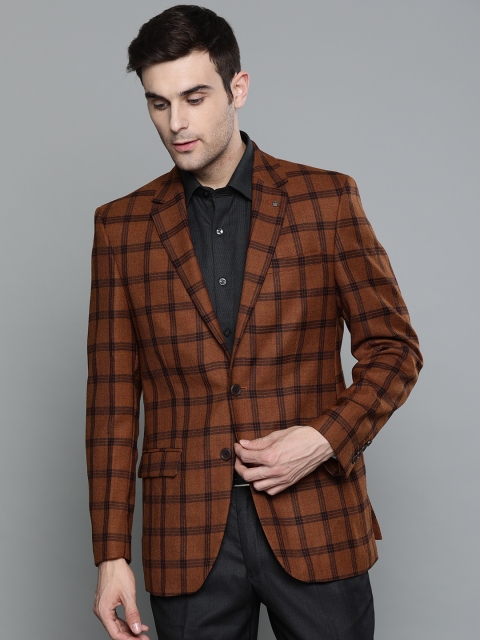

Louis Philippe Men Rust Orange & Brown Checked Tailored Fit Woolen Formal Blazer
