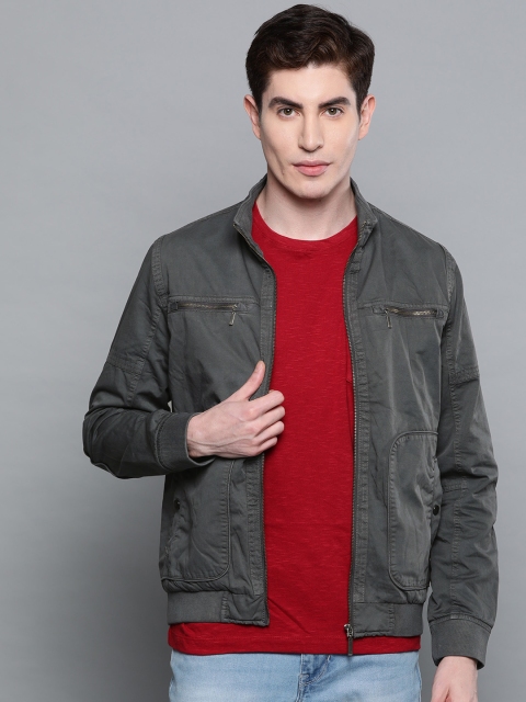 

Louis Philippe Jeans Men Charcoal Grey Solid Bomber Jacket