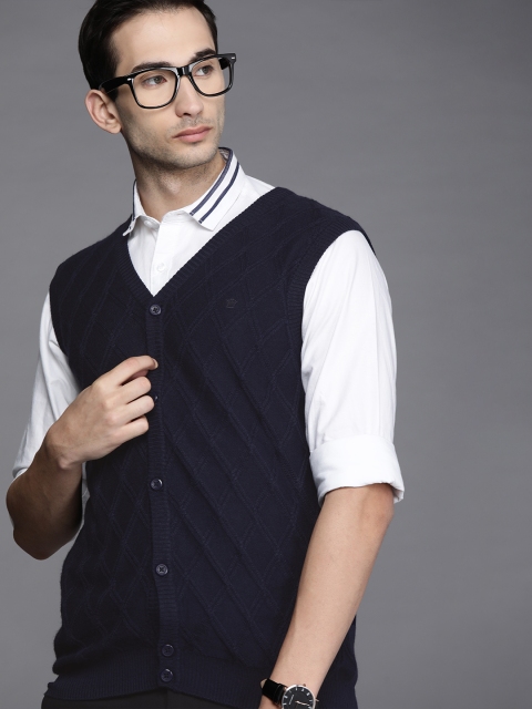 

Louis Philippe Men Navy Blue Cable Knit Sweater Vest