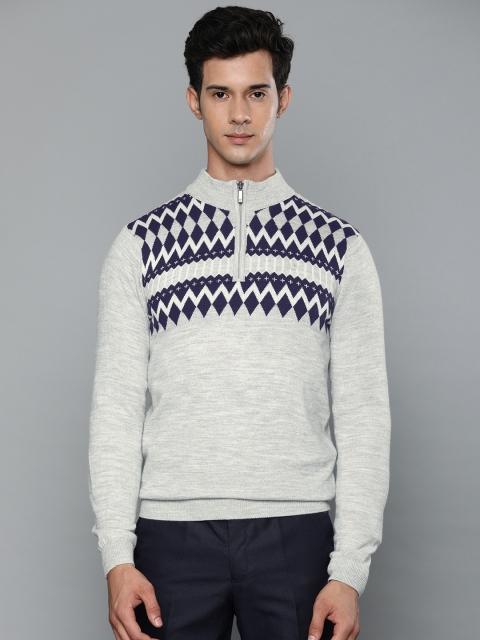 

Louis Philippe Men Grey Melange & Navy Blue Self Design Pullover Sweater