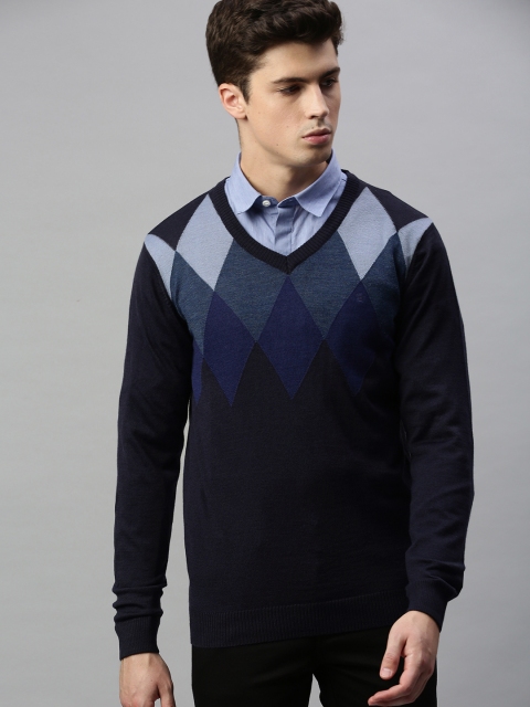 

Louis Philippe Men Navy Blue Printed Sweater Vest Sweater