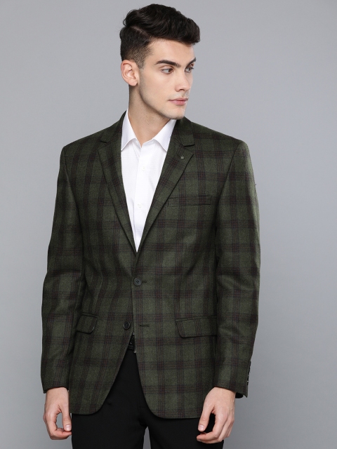 

Louis Philippe Men Olive Green & Brown Regular Fit Checked Woollen Tweed Formal Blazer